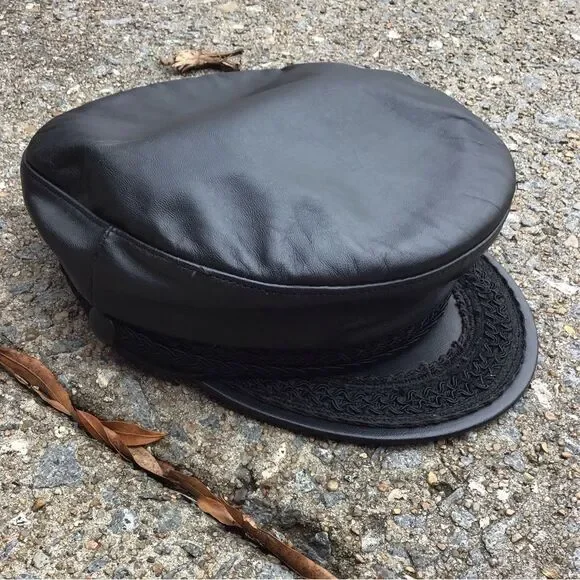 Vintage New York Winner Black Leather Newsboy Fisherman Moto Captain Hat - Picture 2 of 11